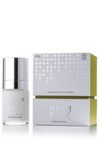 esse probiotic serum bottle with a shiny silver cap beside its white box packaging labeled probiotic serum