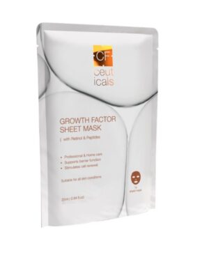 White pouch for Growth Factor Sheet Mask with retinol & peptides, featuring an abstract bubble design on the packaging.